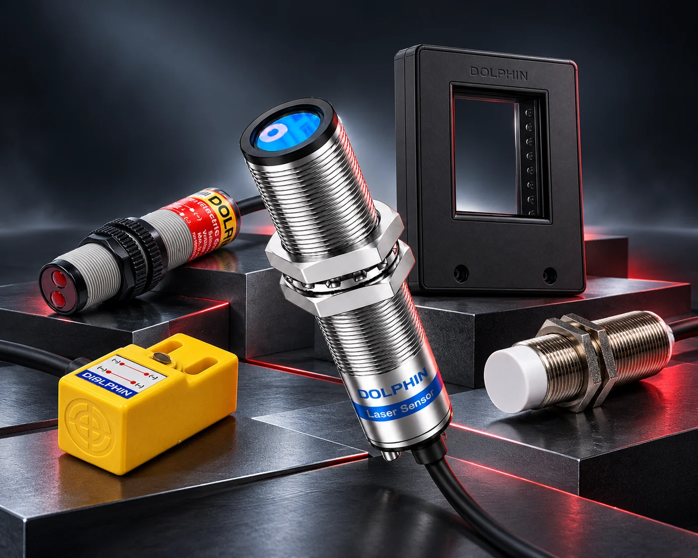 High-tech visual collage of Dolphin laser, photoelectric, cylindrical inductive, square proximity and matrix counting sensors on graphite platforms